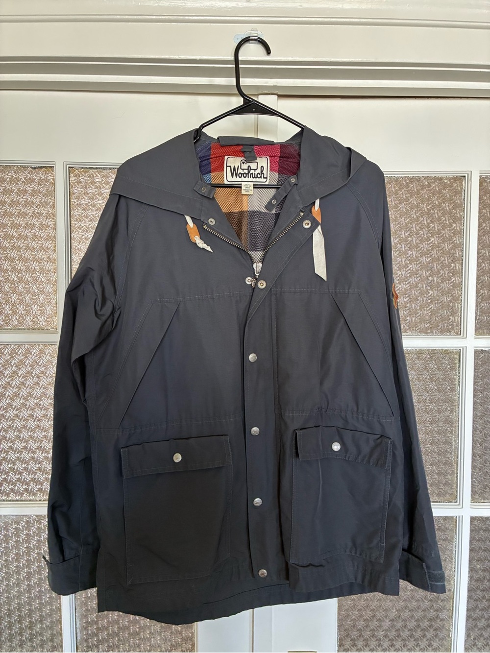 Woolrich Men's Hooded Raincoat in Charcoal Gray with Plaid Lining